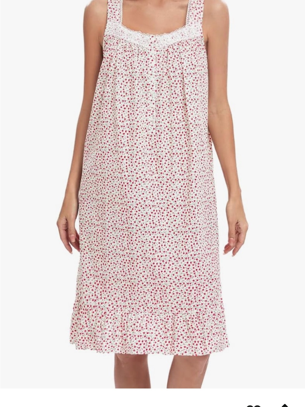 White nightgown with Red Floral rosebuds Print and Lace Trim cotton S